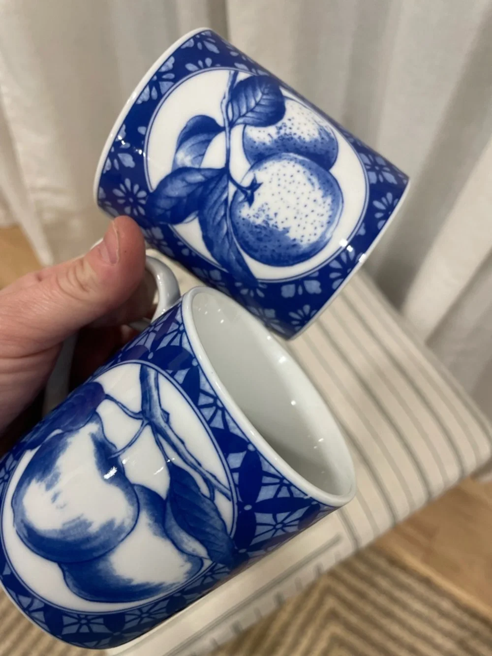 Pier 1 Blue and White Fruit Design Mugs